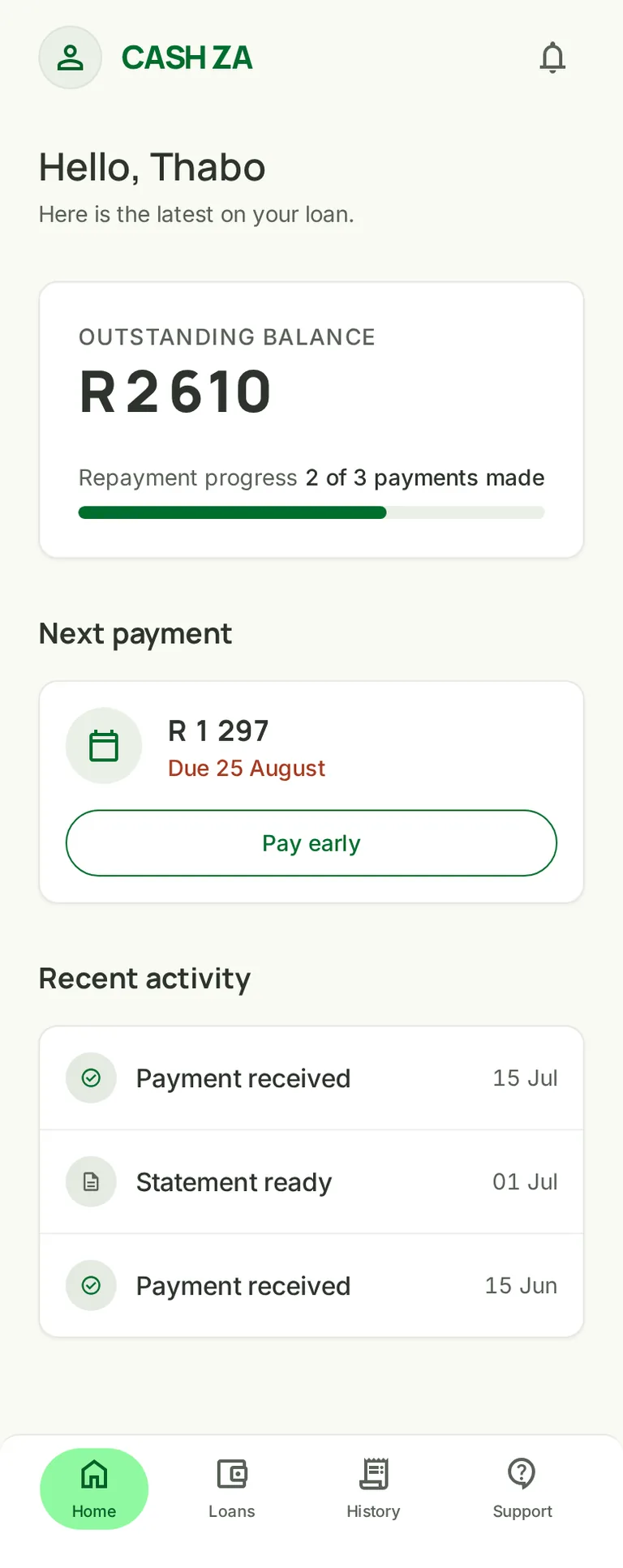 A repayment schedule showing the next payment date and amount