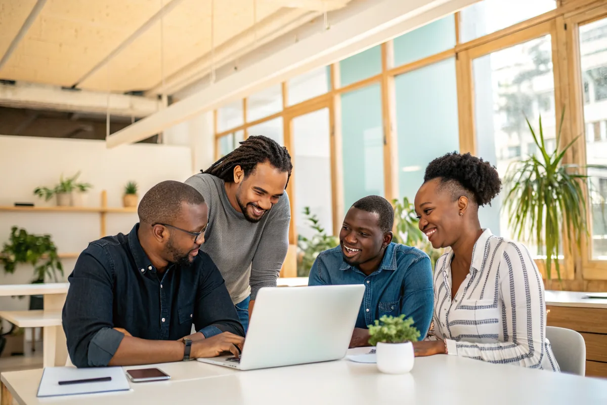 Members of the CASH ZA team working together around a laptop in the office.